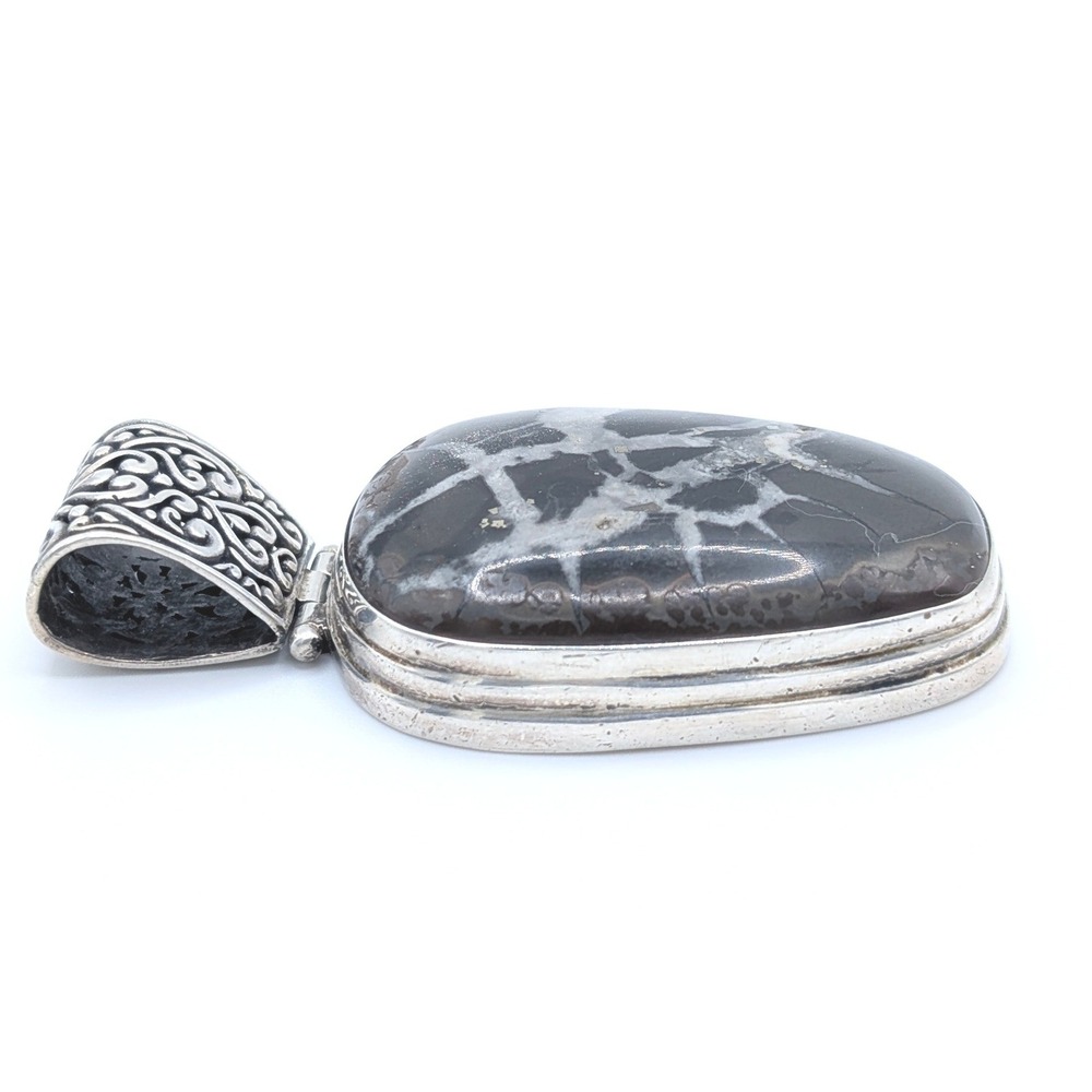 Sarda 925 Sterling Silver Septarian Dragon Stone Pendant Balinese Scroll Bail